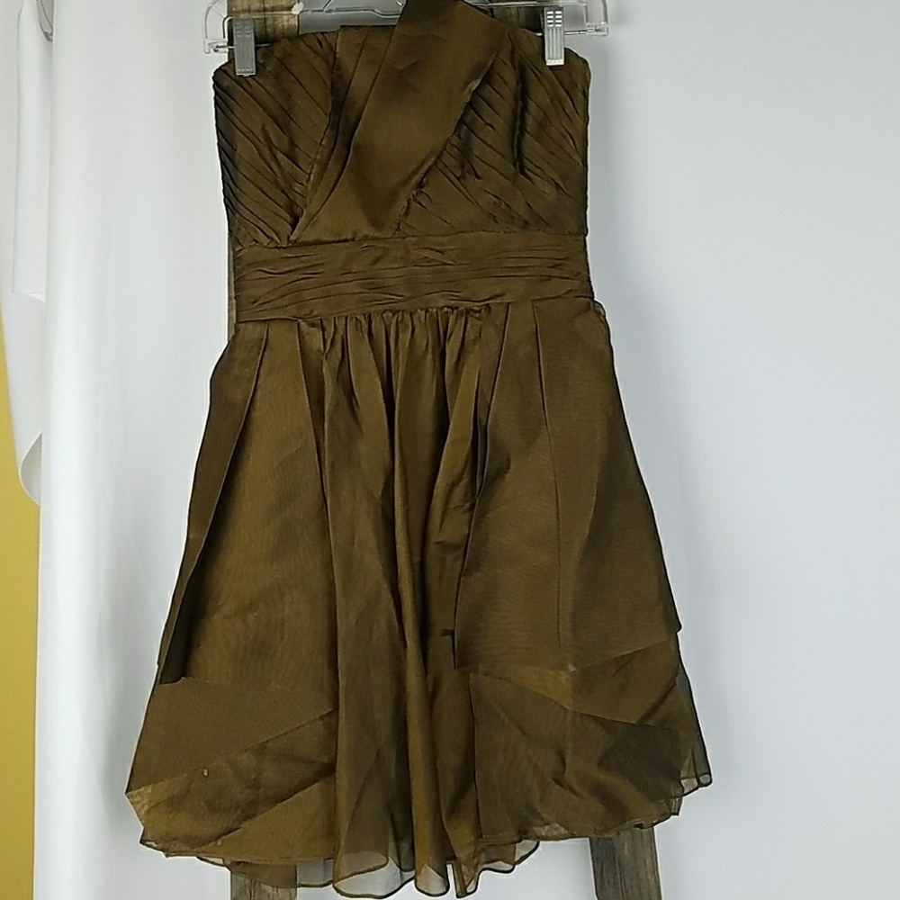 Badgley Mischka women 2 brown strapless silk dress prom cocktail chiffon evening